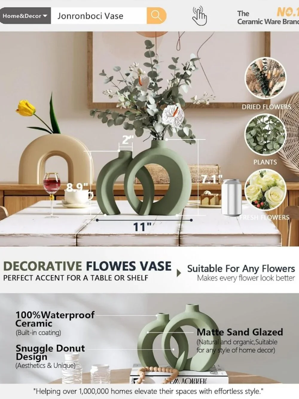 Set of 2 Sage Green Ceramic Vases - Unique Hollow Donut Design, Boho Farmhouse